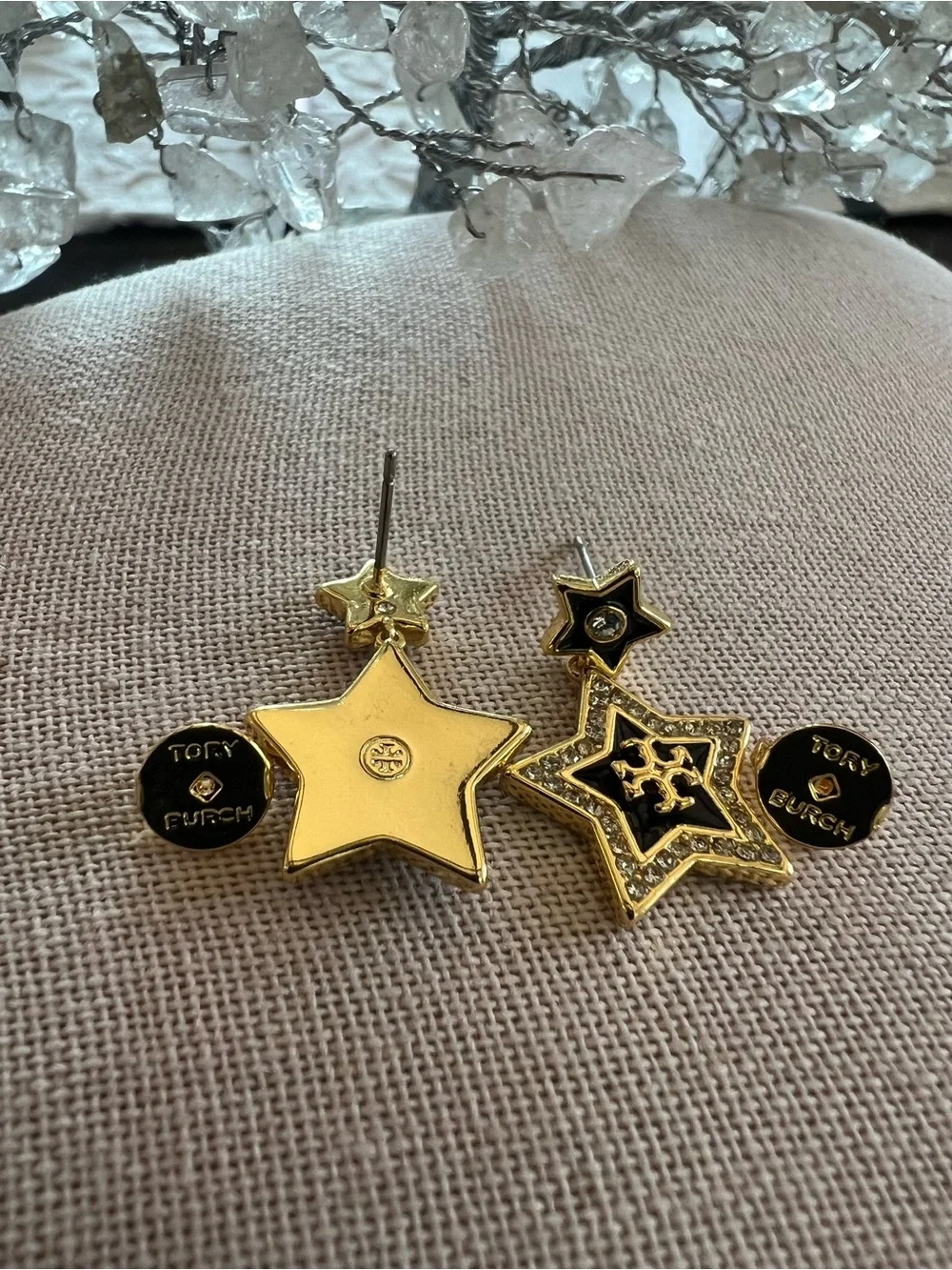 Tory Burch Black and Gold Star Drop Earrings with Crystal Accents